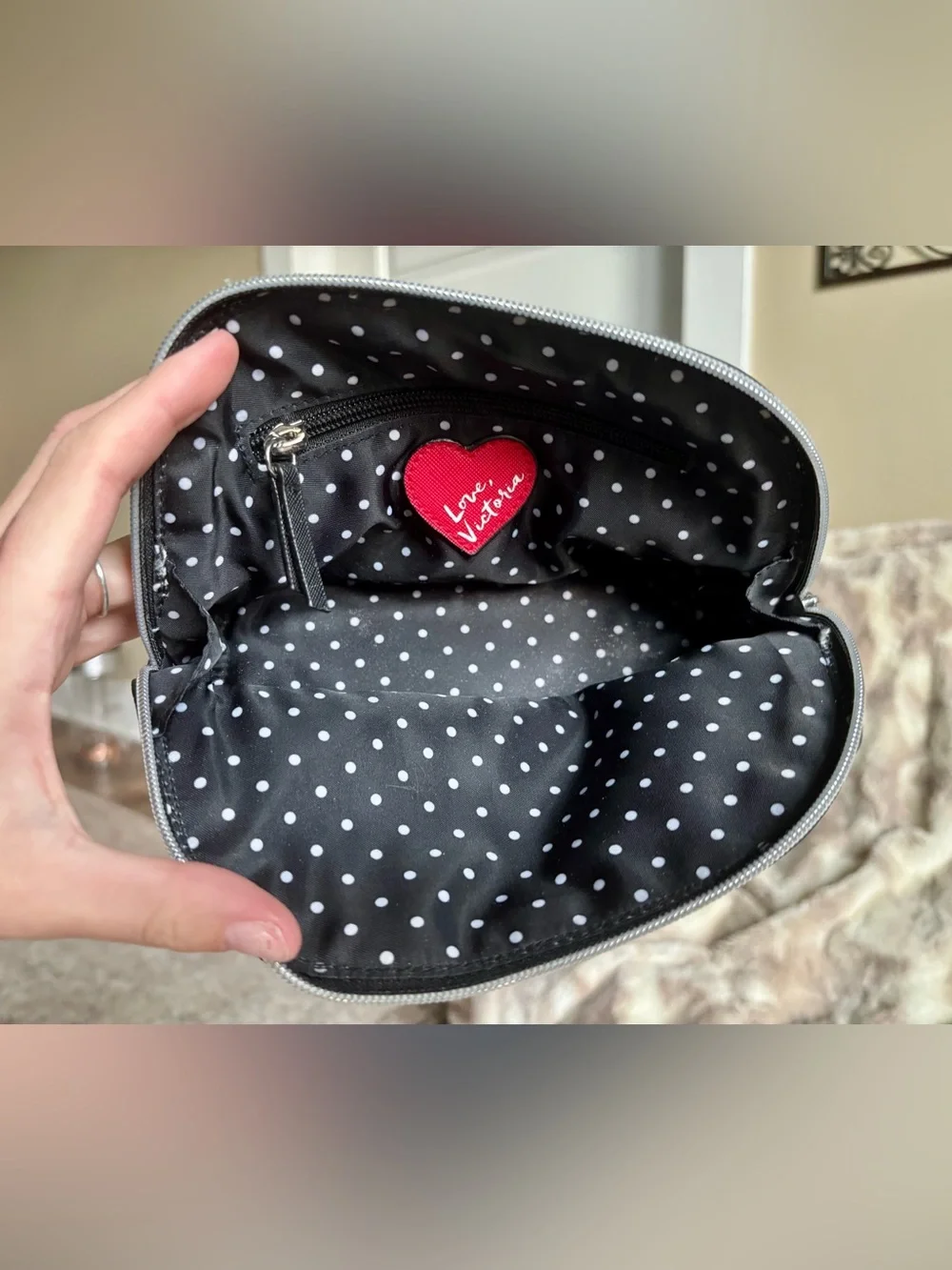Victoria's Secret Black Polka Dot Cosmetic Pouch with Red Heart Patch